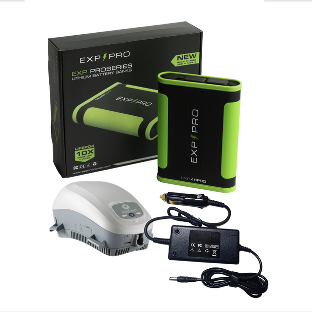 EXP48PRO battery pictured with the Transcend Mini EZ CPAP machine