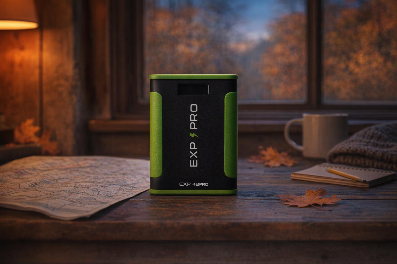 An EXP48PRO APEX CPAP battery on a cabin table with a road map, notebook and fall leaves at dusk.