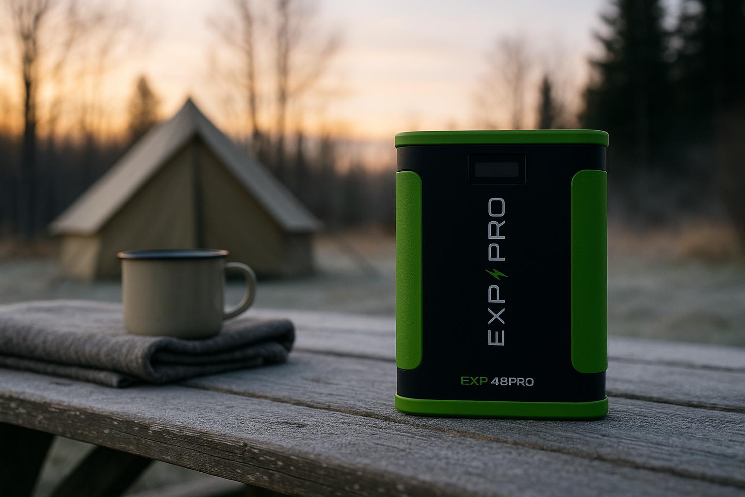 EXP48PRO APEX portable CPAP battery standing on a camp table at a frosty campsite at dawn, with frost on the table and a tent in the background.