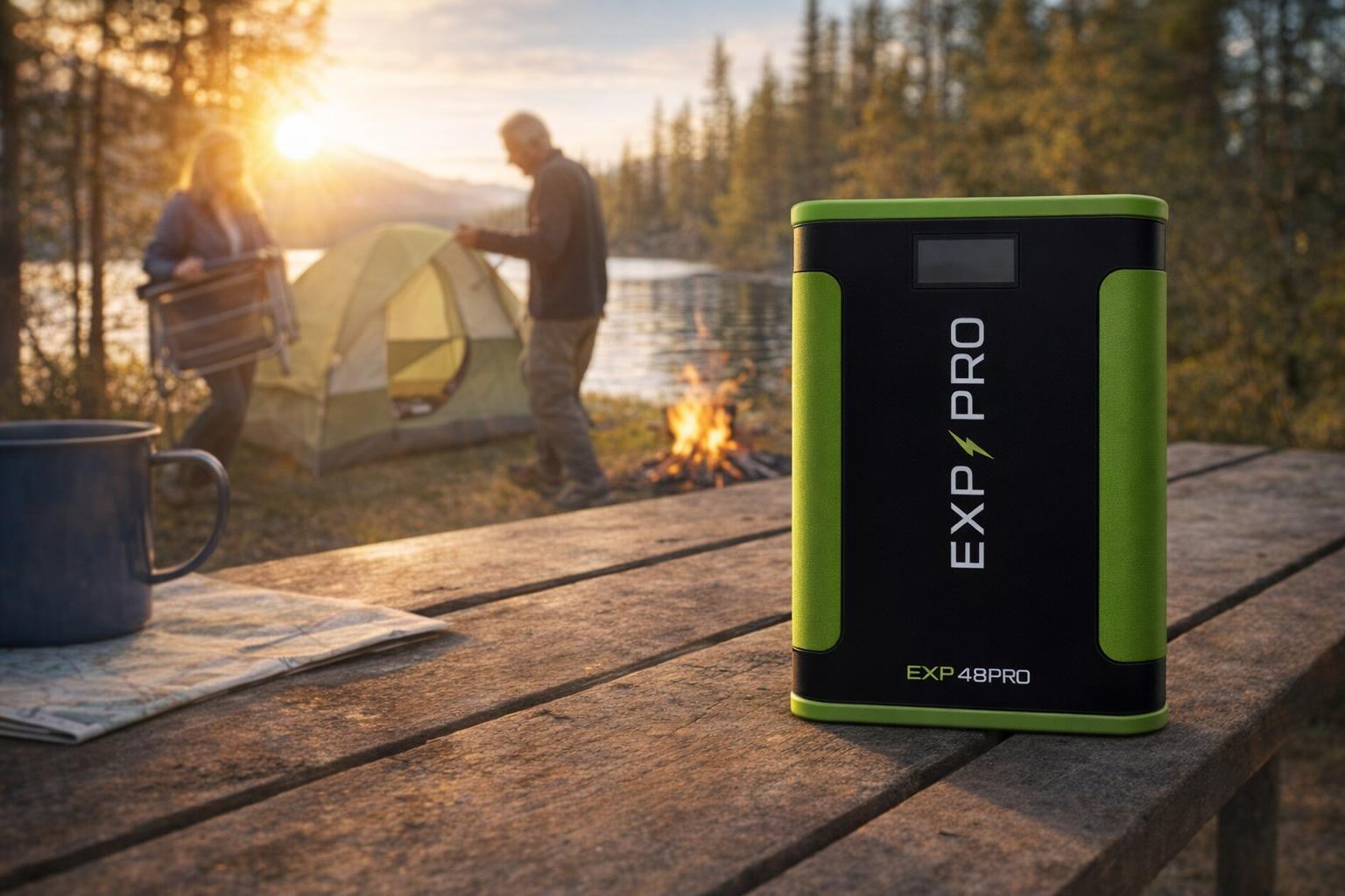 EXP48PRO APEX CPAP battery on a picnic table at a lakeside campsite at golden hour, with a couple pitching a tent behind it