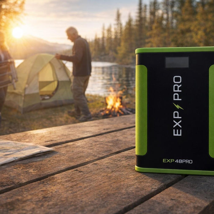 EXP48PRO APEX CPAP battery on a picnic table at a lakeside campsite at golden hour, with a couple pitching a tent behind it
