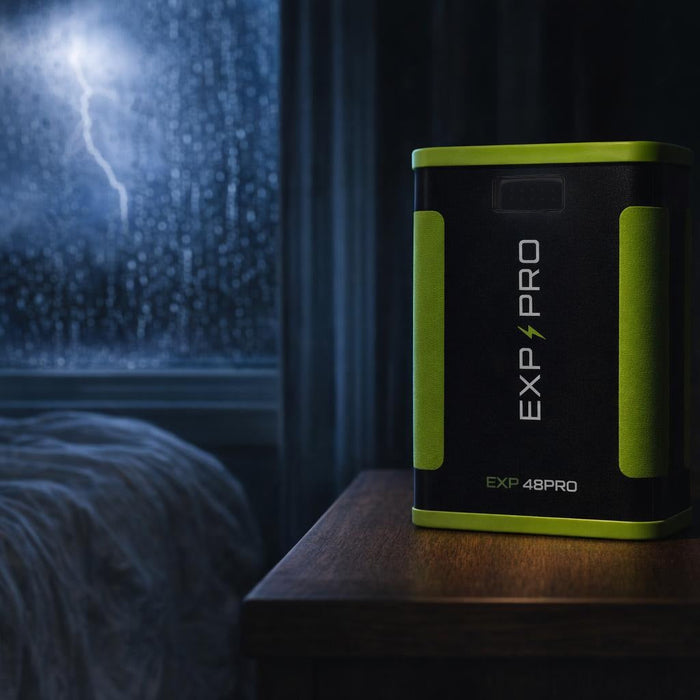 EXP PRO battery on a bedroom nightstand during a thunderstorm at night